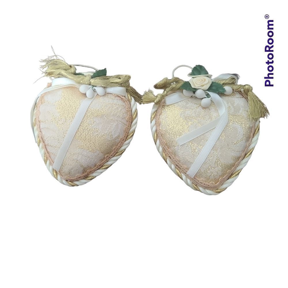 2 Vintage Shabby Chic Heart Gold & Blush Pink Christmas Ornaments